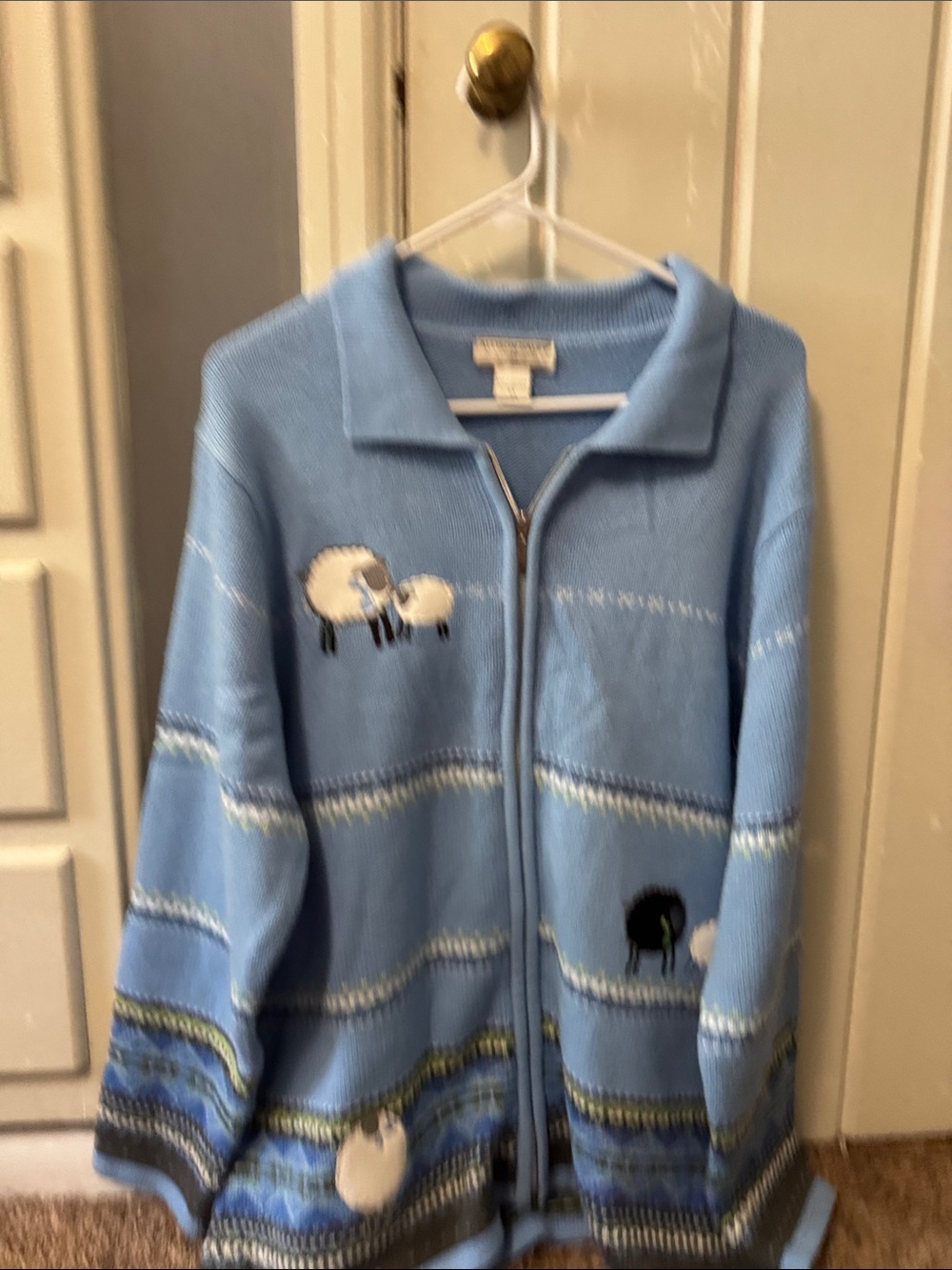 Allison Daley Light Blue Zip-Front Knit Jacket with Sheep Motifs